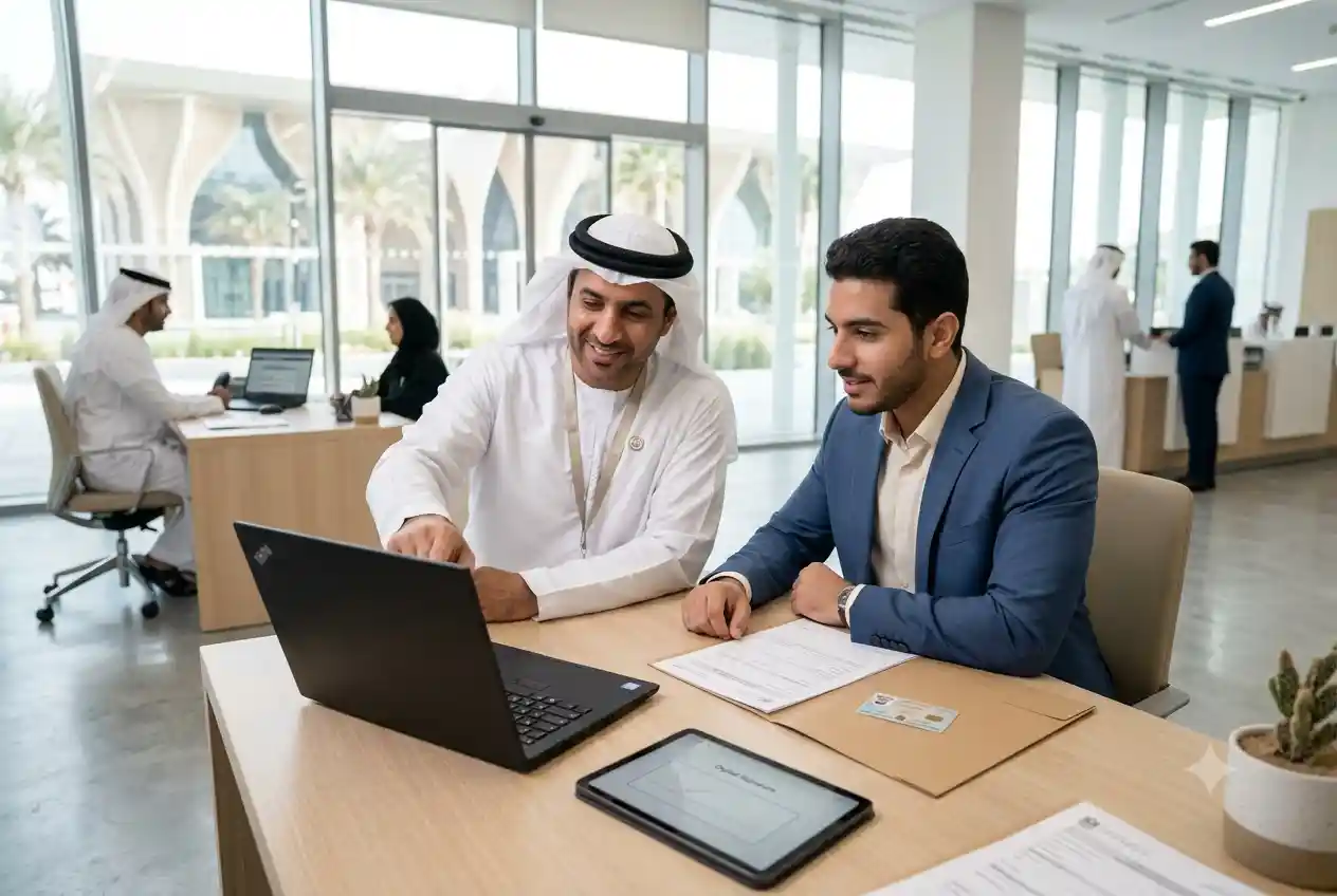 موظف يتعرف على نظام التأمين ضد التعطل عن العمل في الإمارات باللغة العربية.