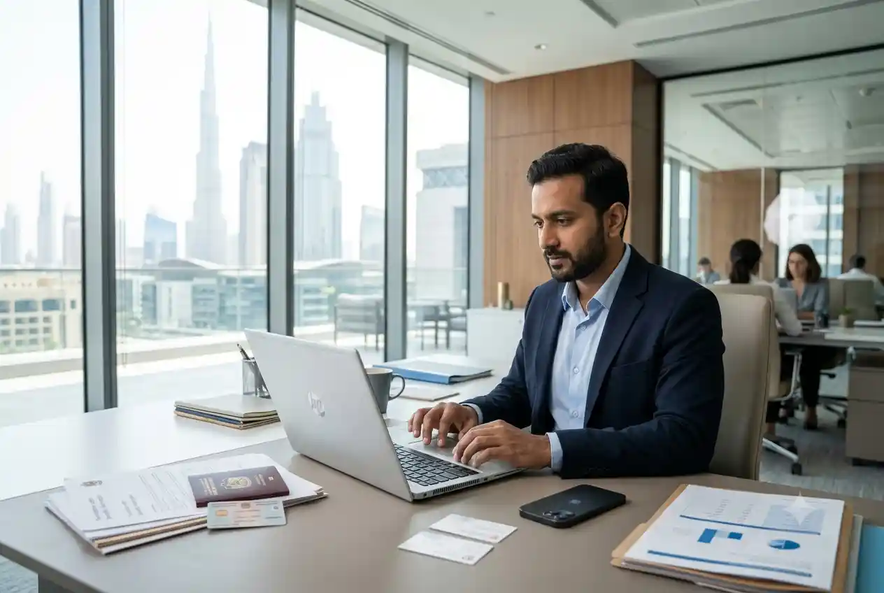 Professional employee submitting an ILOE unemployment insurance claim online in the UAE.