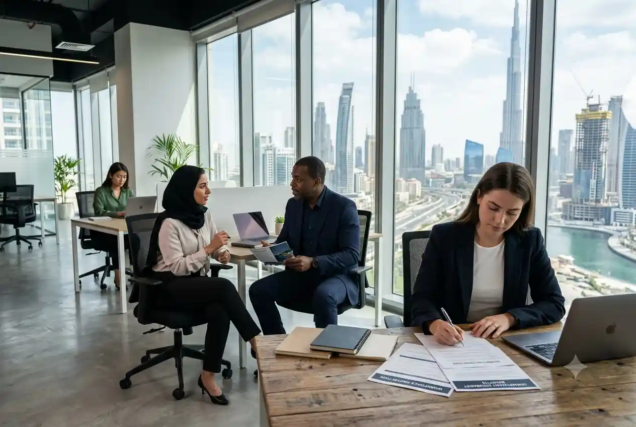 Professional employees in a UAE office representing the ILOE unemployment insurance scheme.