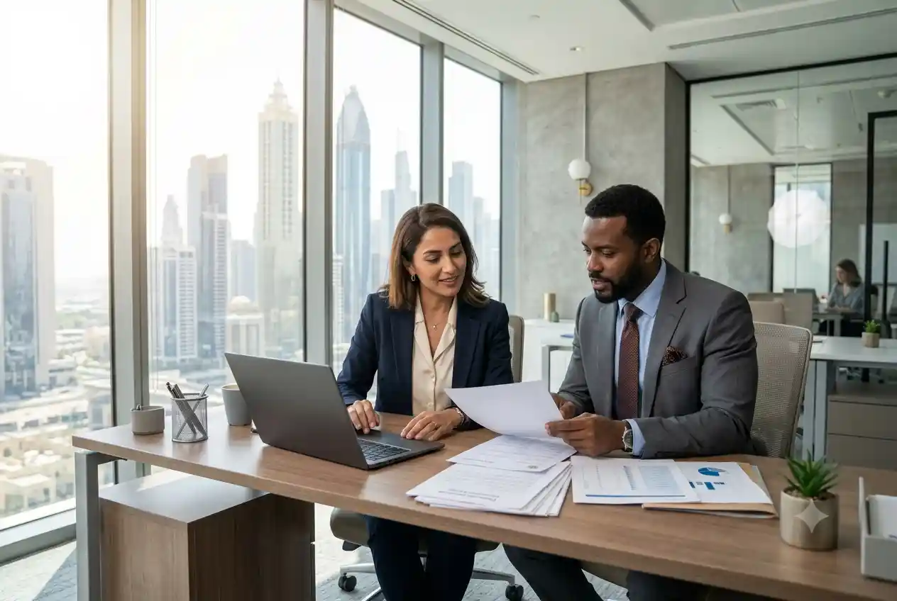 Professional employee learning about the ILOE unemployment insurance scheme in the UAE.