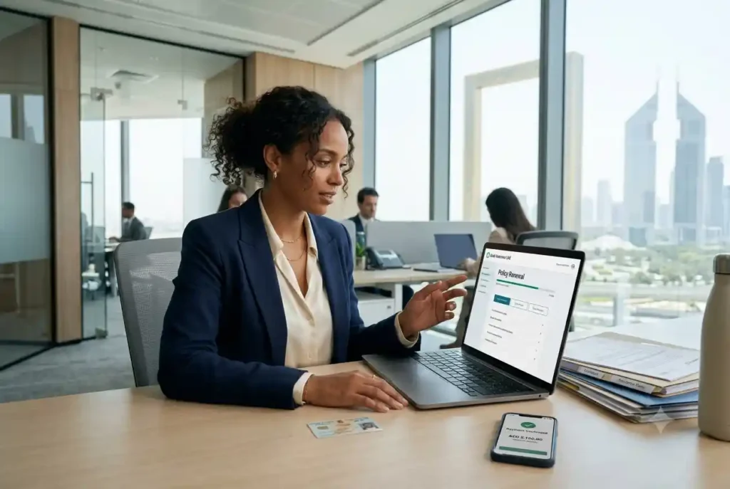 Employee renewing an ILOE unemployment insurance policy online in the UAE.