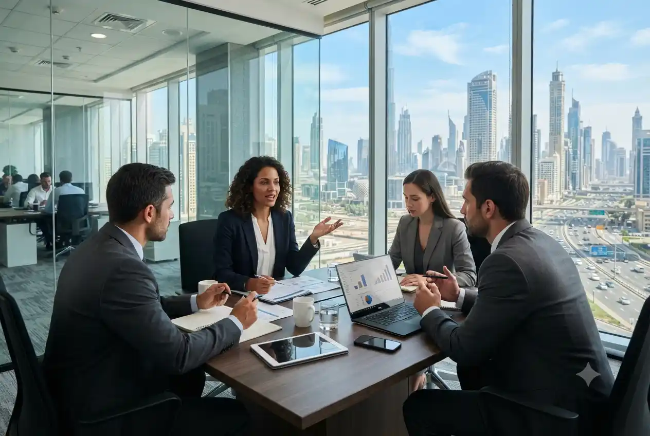 Professionals discussing mainland company formation in Dubai office