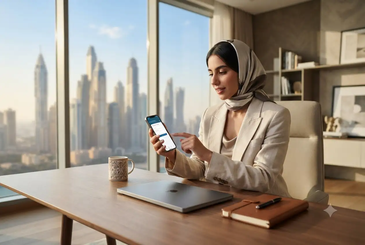 Person opening bank account online in UAE using smartphone