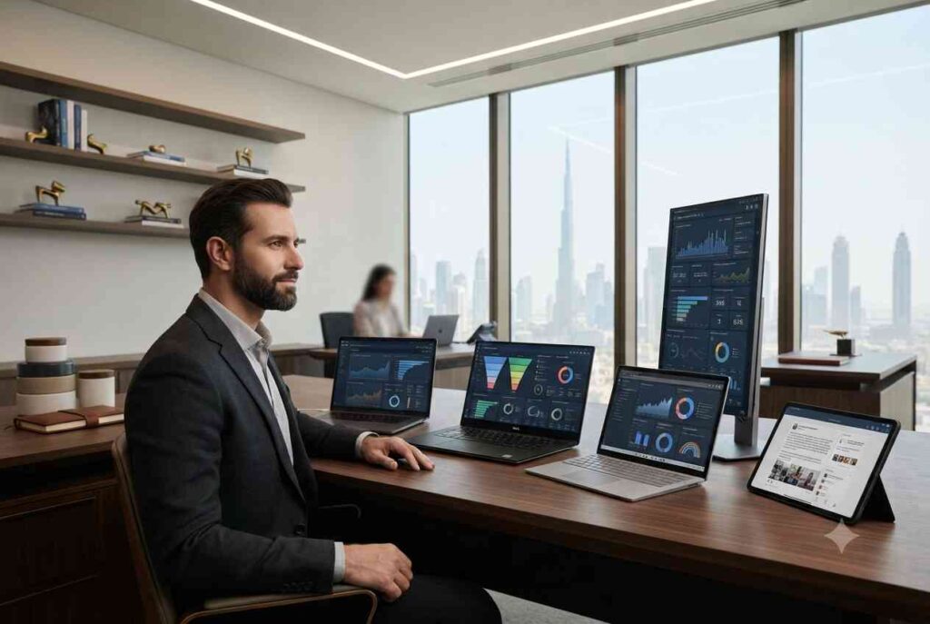 Entrepreneur running an online business from a modern Dubai office