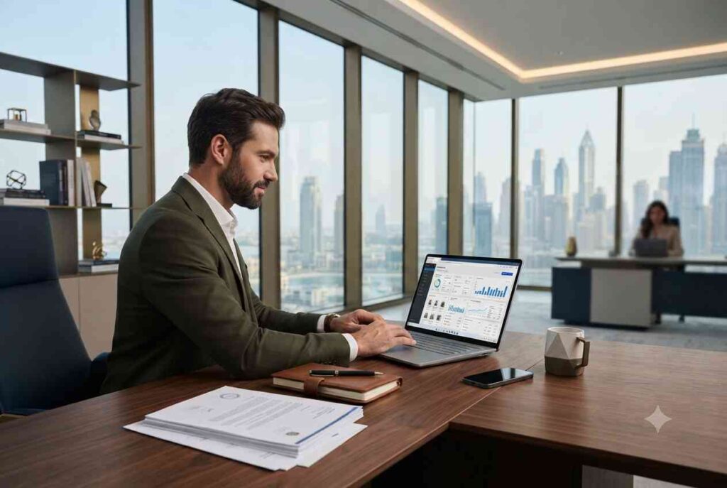 Entrepreneur establishing an online business in Dubai with licensing documents