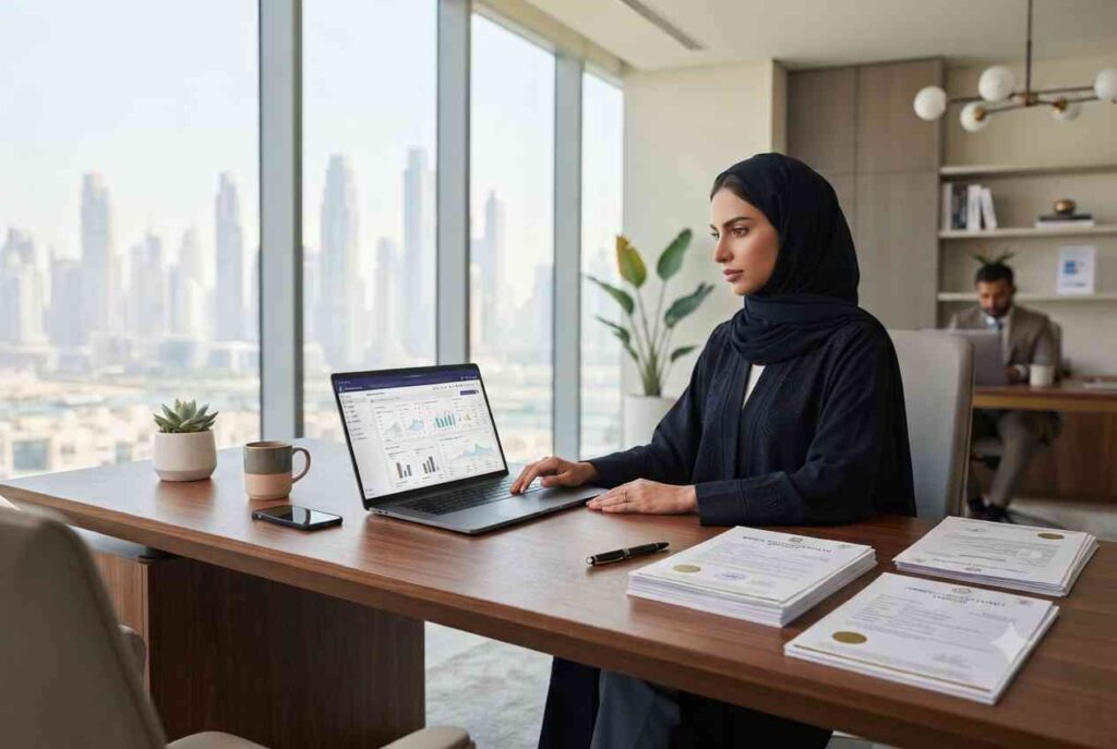 Entrepreneur establishing an online business in the UAE with official business documents