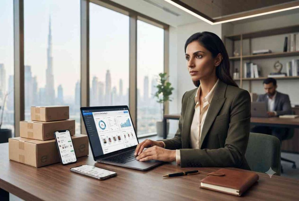 Entrepreneur operating an online trading business in the UAE from a modern office