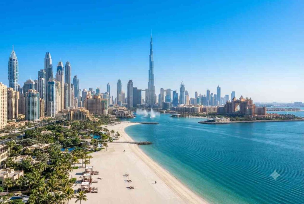 Dubai skyline featuring Burj Khalifa, Dubai Marina, and famous tourist attractions.