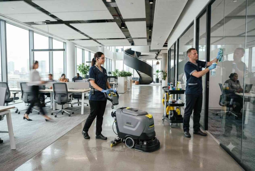 Professional cleaning team providing commercial cleaning services in a modern office