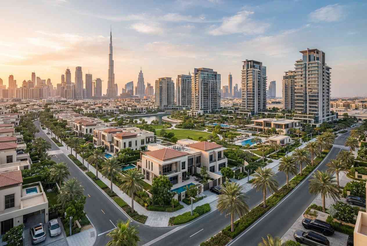 Modern residential property for sale in Dubai featuring luxury apartments and villas.