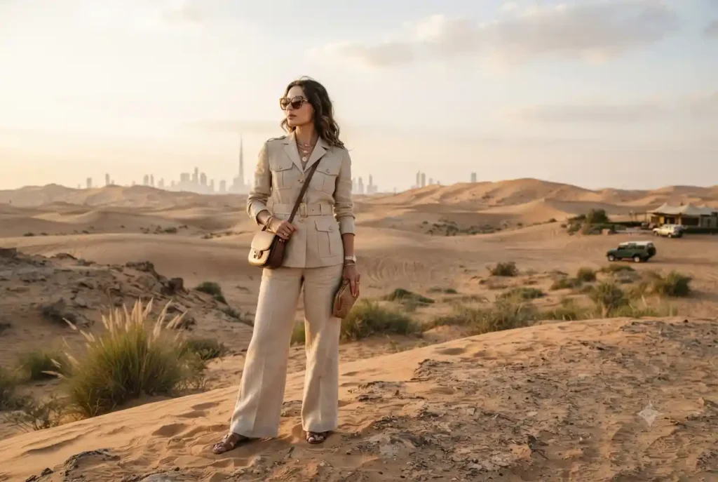 Modern safari fashion outfit inspired by UAE desert and luxury style trends