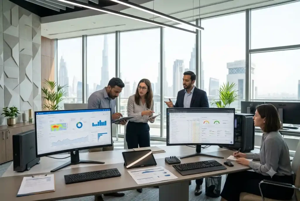 Professional SEO agency team in Dubai reviewing website performance and search rankings.