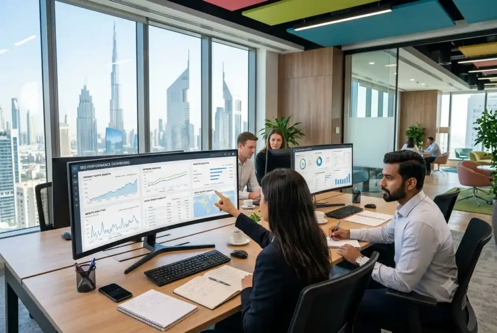 SEO experts in Dubai analyzing website rankings and digital marketing performance.