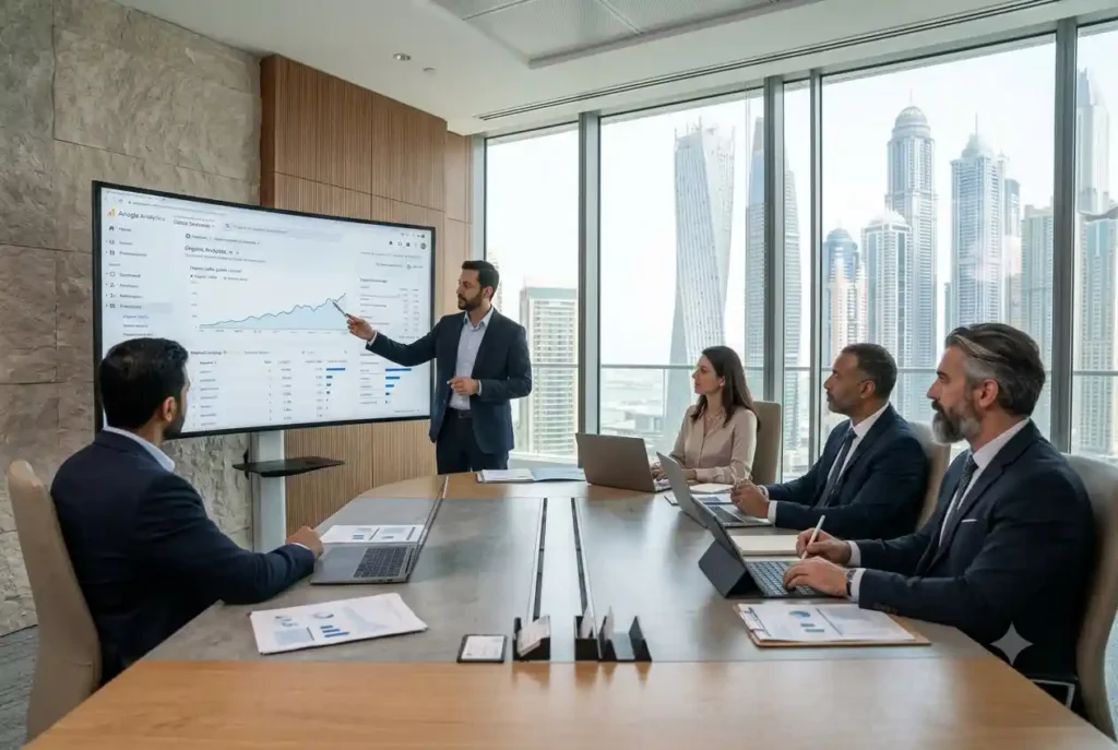 SEO professionals in the UAE discussing website optimization strategies with business clients.