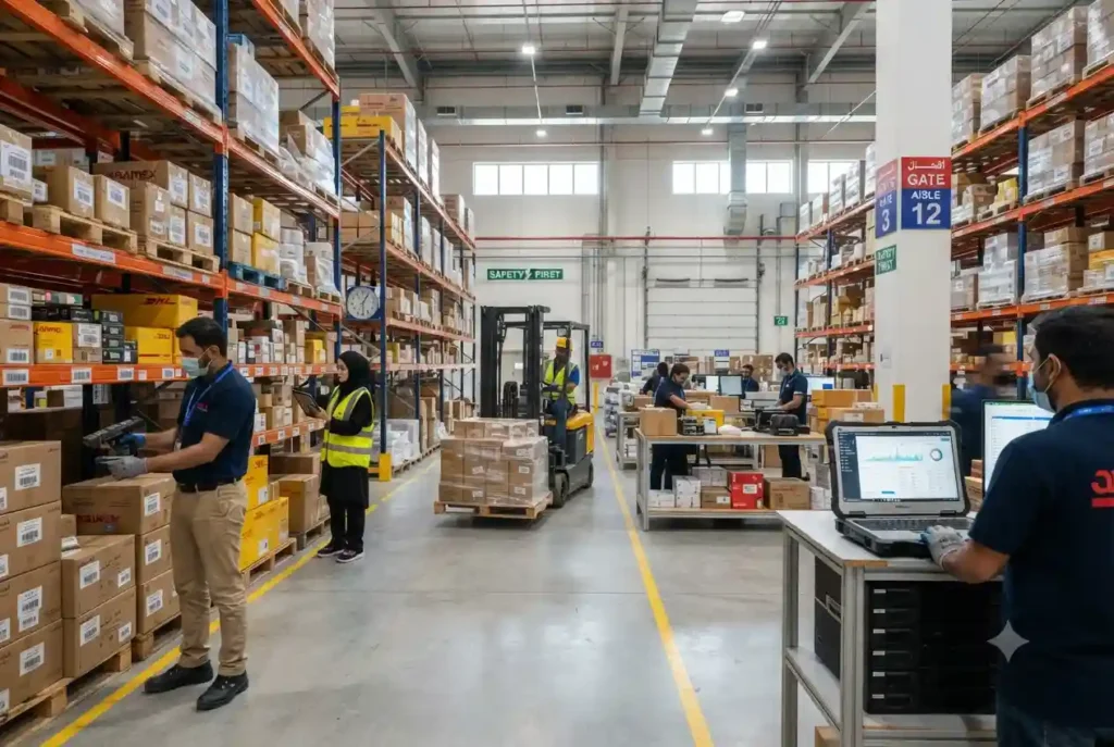Warehouse staff managing inventory using digital inventory software