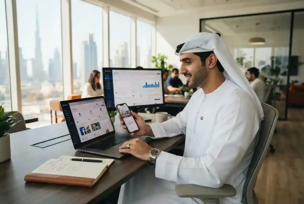 Small business owner managing social media marketing campaigns in a modern UAE office