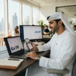 Small business owner managing social media marketing campaigns in a modern UAE office