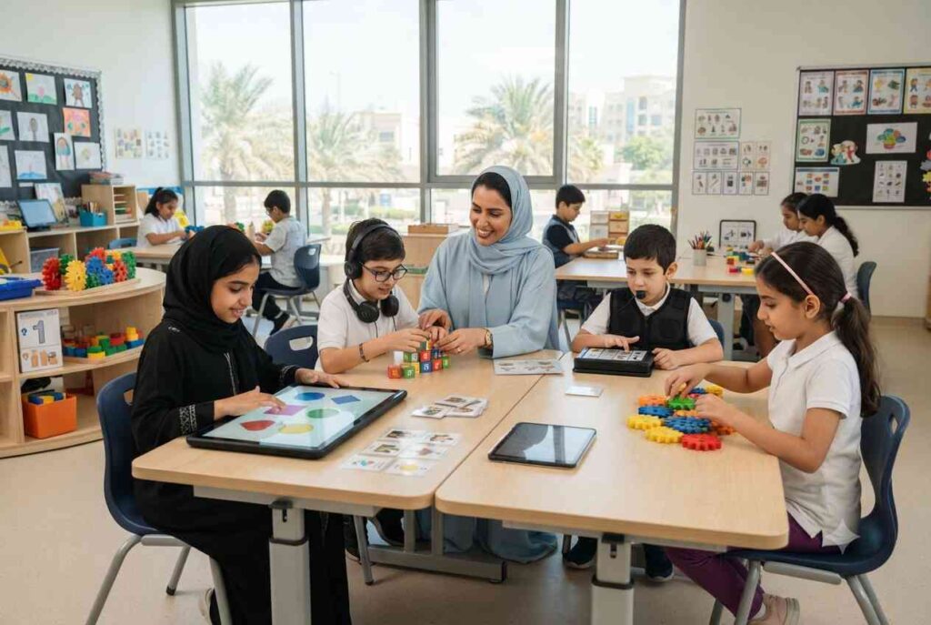 Special education teacher supporting students in an inclusive UAE classroom