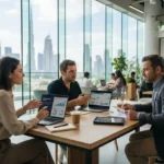 Startup founders meeting with a business advisor in a modern UAE coworking space.