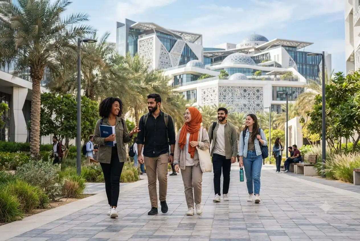 International students studying at a modern UAE university campus