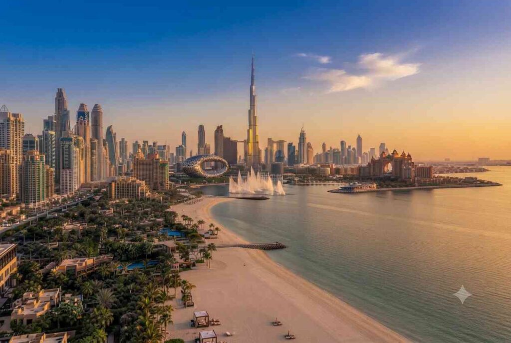 Dubai skyline featuring Burj Khalifa and other top attractions in Dubai.