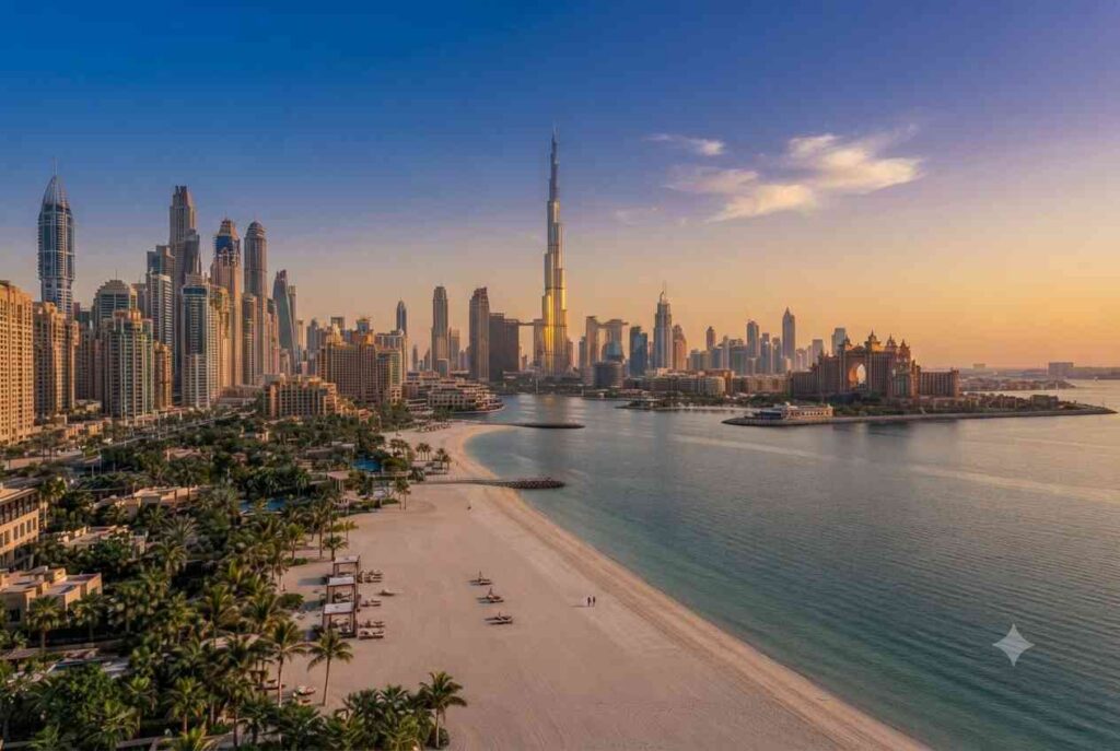 Panoramic view of Dubai's top tourist attractions including Burj Khalifa and Dubai Marina.