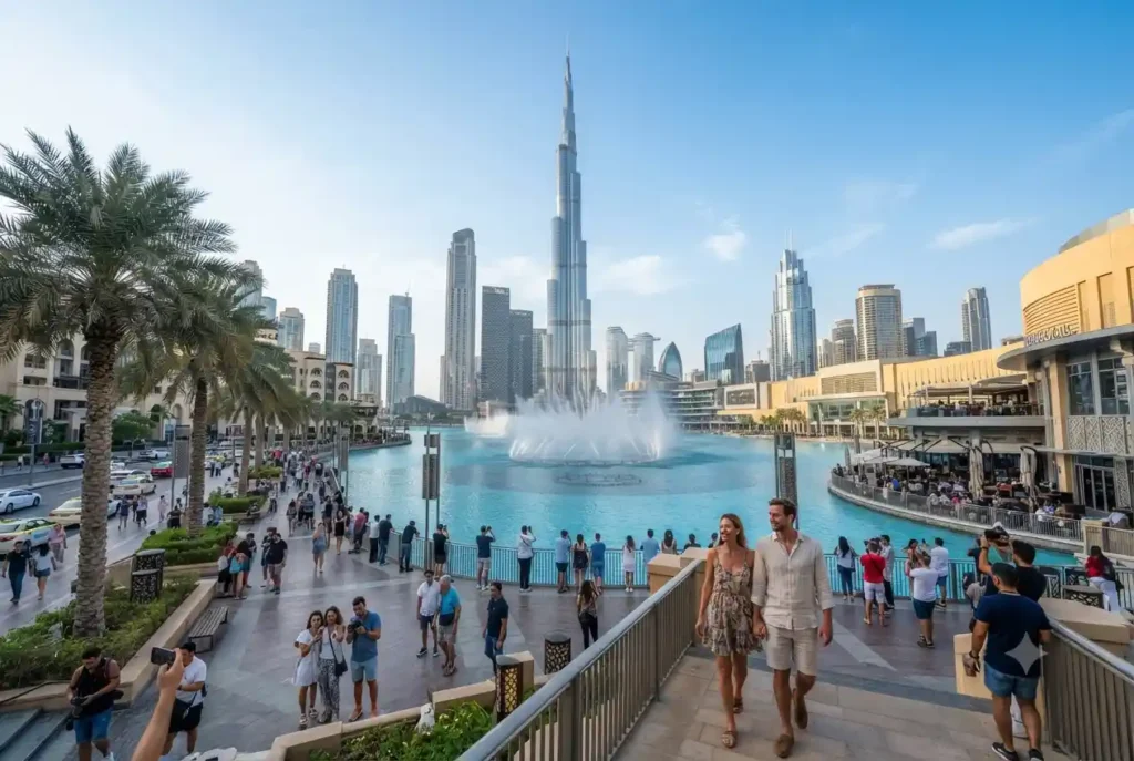 Panoramic view of Downtown Dubai featuring Burj Khalifa and surrounding attractions for tourism in Dubai.