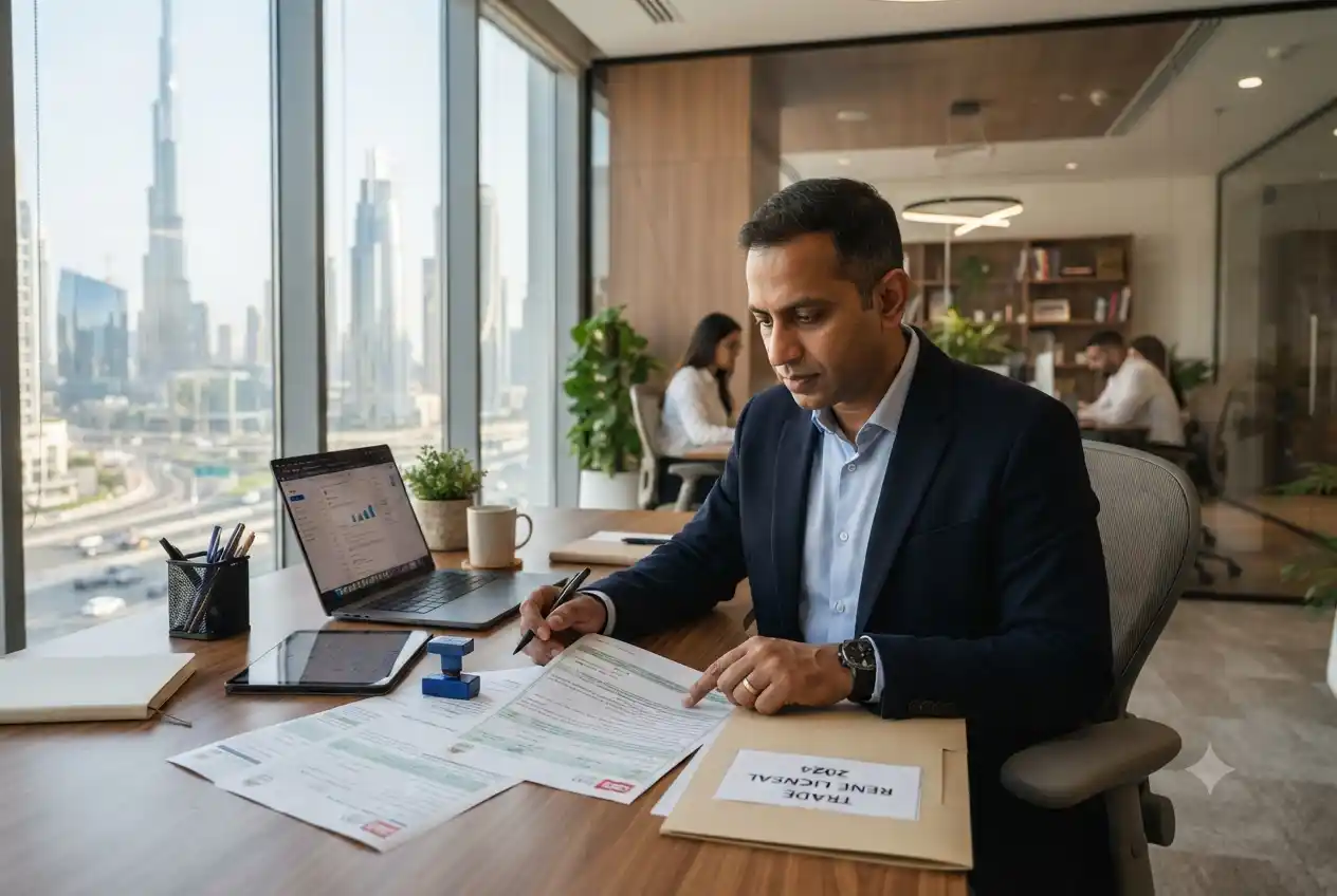 Business owner renewing trade license in Dubai office