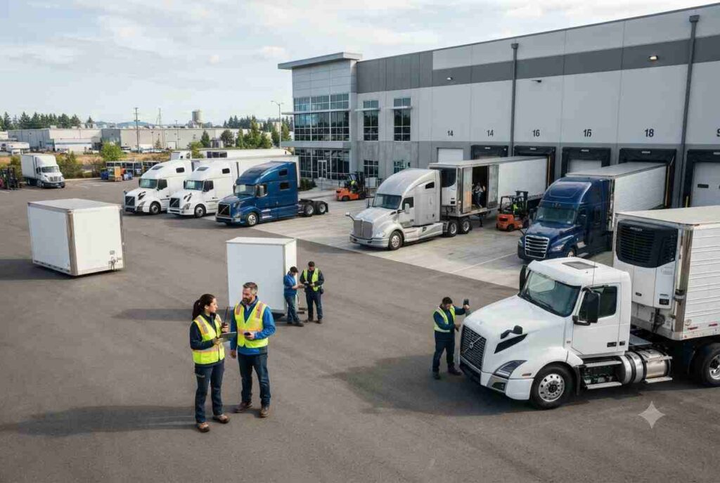 Commercial trucking fleet operating at a logistics and transportation facility