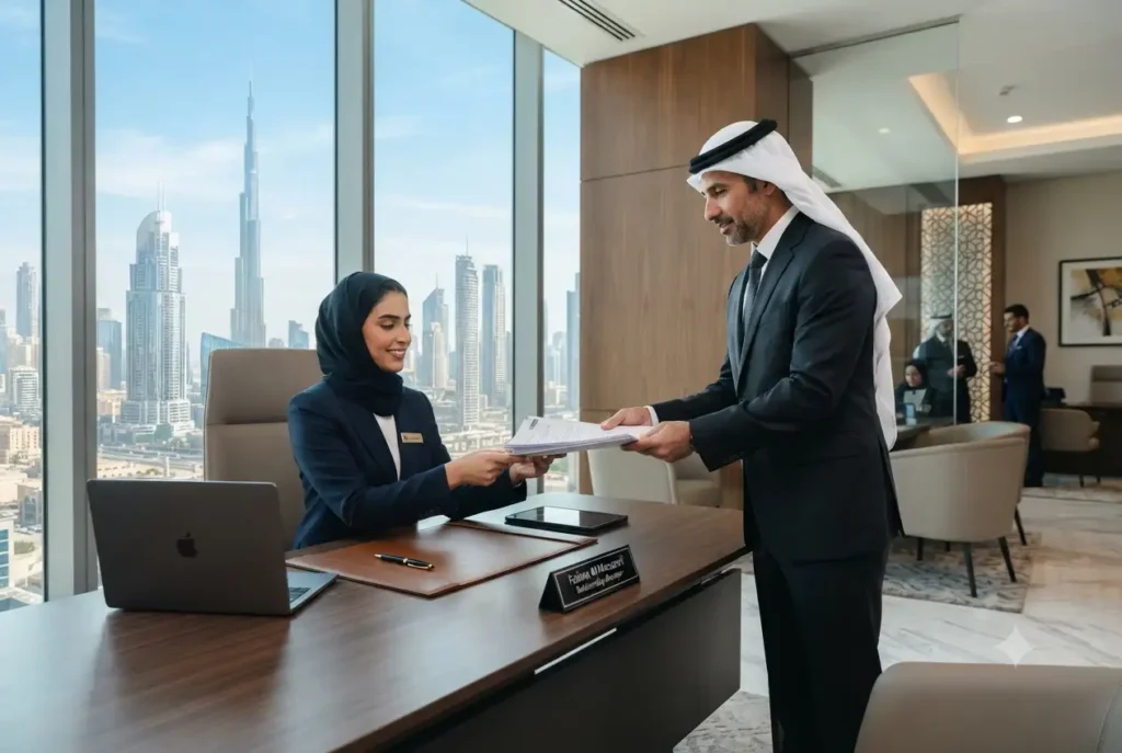 Customer submitting documents for UAE bank account opening