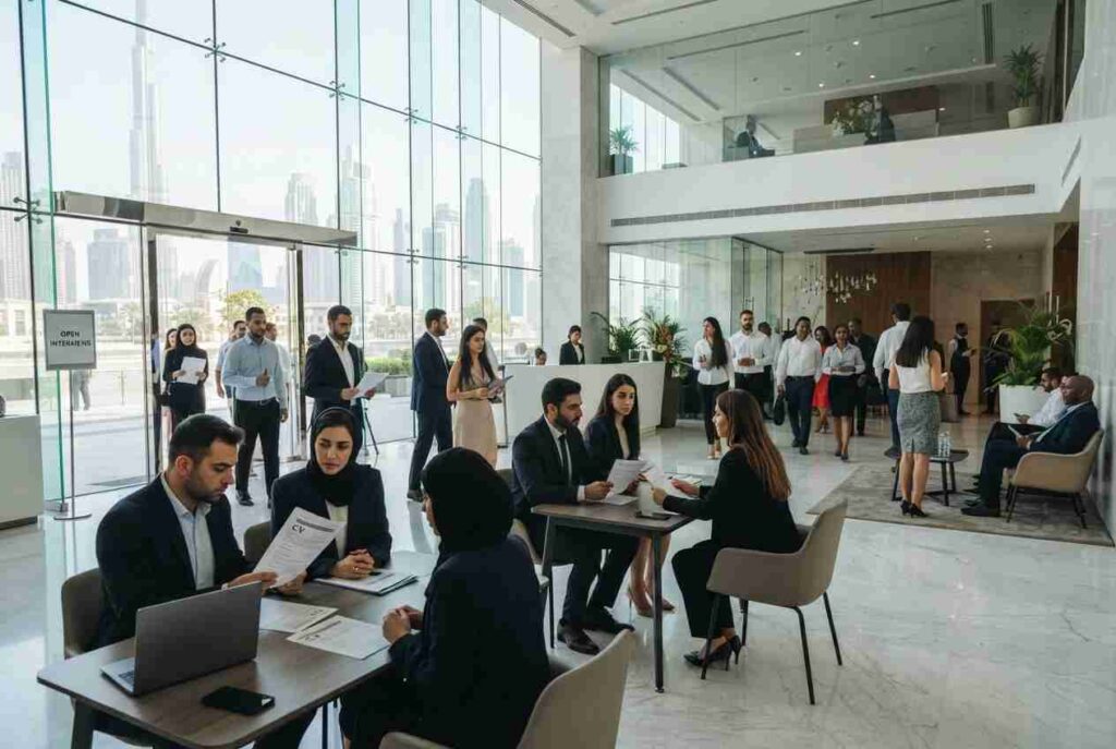 Job seekers attending an urgent hiring recruitment event in Dubai.