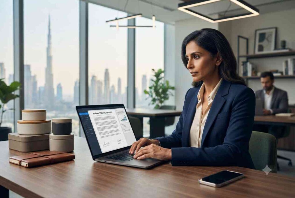 Entrepreneur managing a virtual business connected to Dubai from a modern workspace