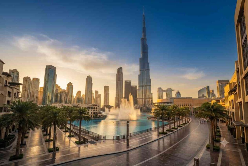 A panoramic view of Downtown Dubai featuring Burj Khalifa and the city's modern skyline.