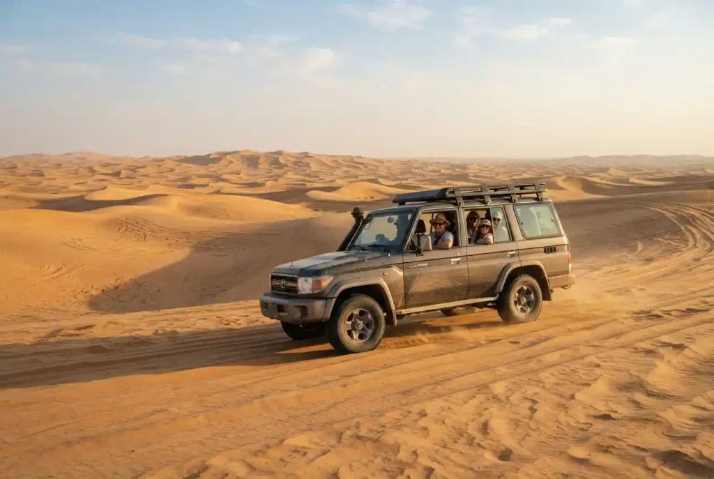 4x4 vehicle exploring golden dunes during a Dubai desert safari