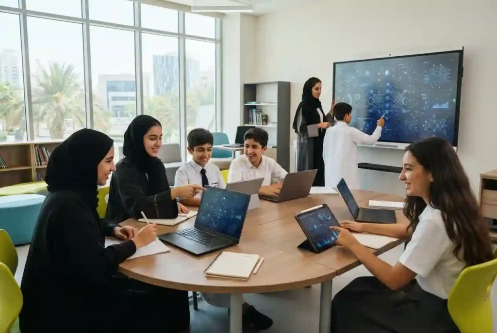 Students and teacher using AI learning tools in a UAE classroom