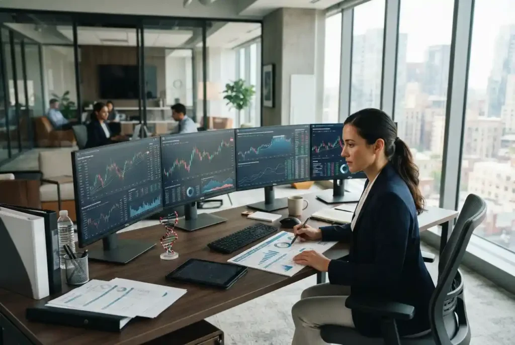 Financial analyst reviewing healthcare sector investment data and stock market trends
