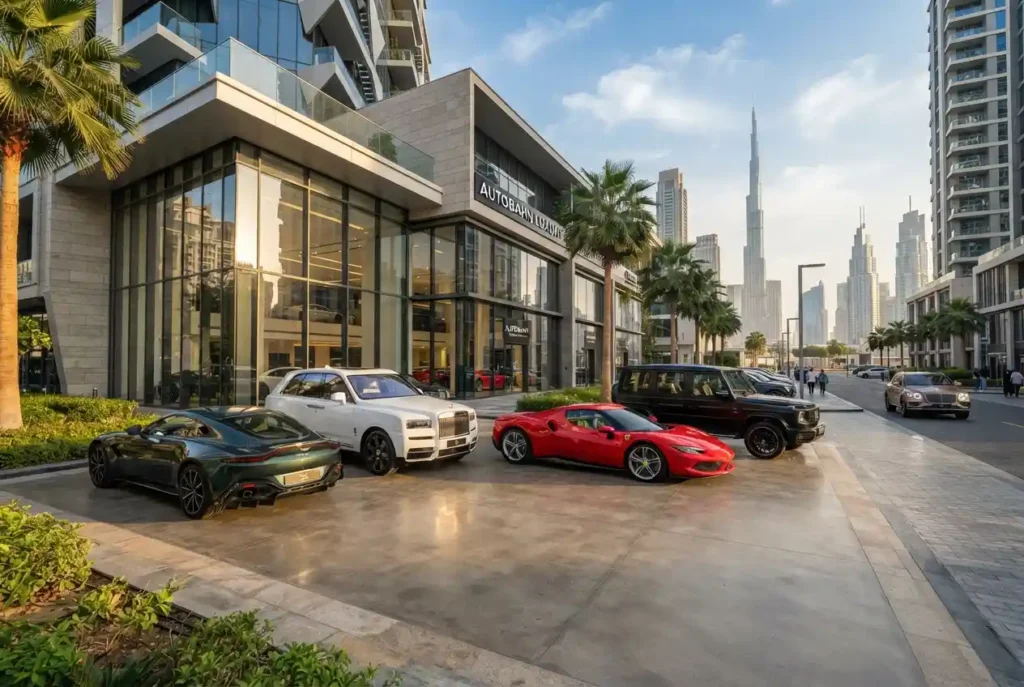 Luxury cars outside a premium automotive showroom in Dubai