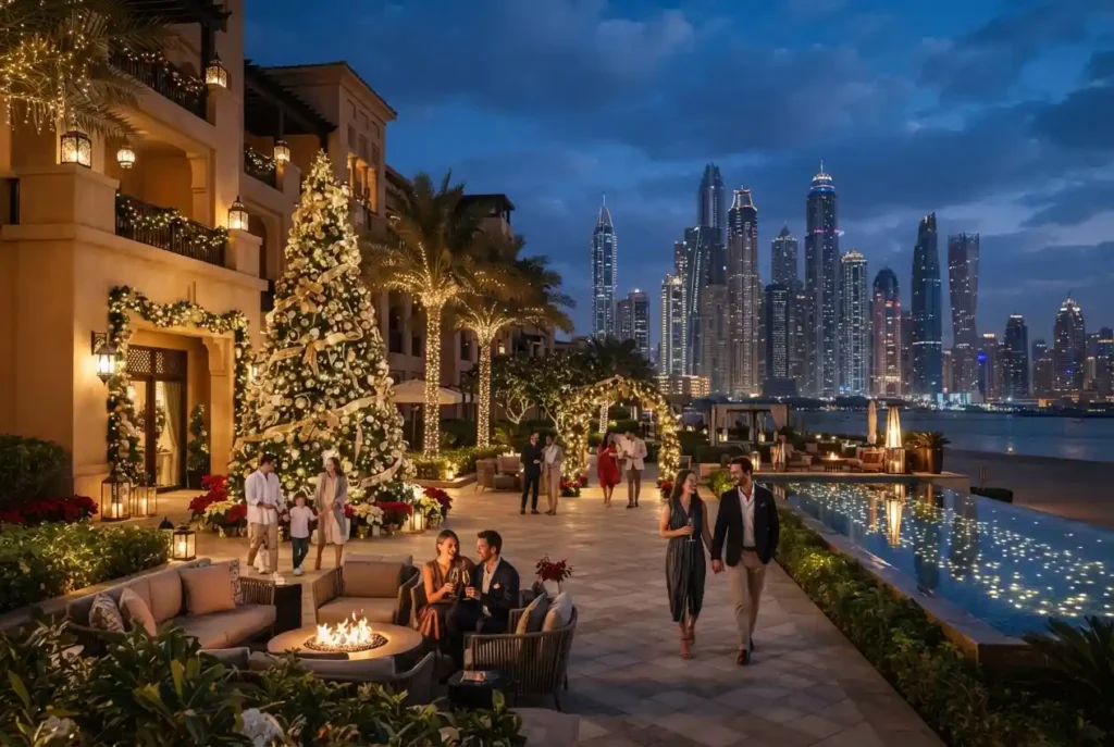 Christmas holiday packages and festive Dubai skyline during the holiday season