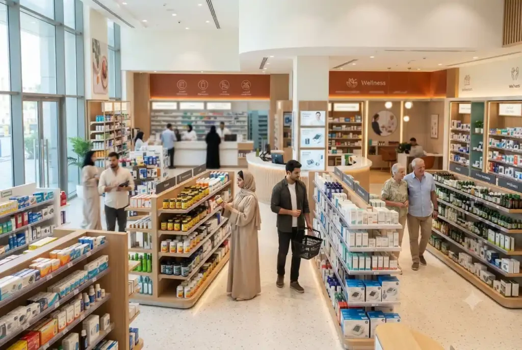 Modern pharmacy displaying consumer healthcare products and wellness solutions