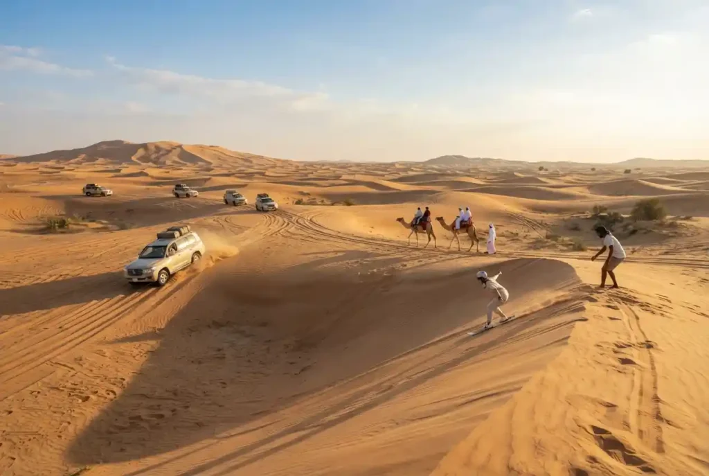 Desert safari activities in Dubai including 4x4 driving and camel riding