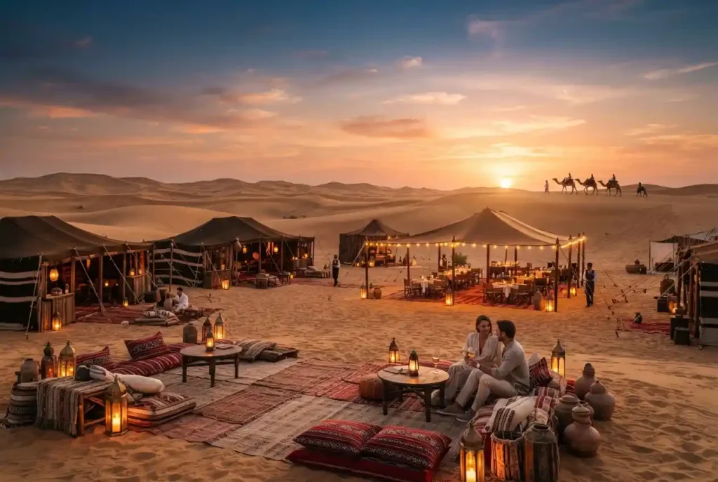 Traditional desert safari camp surrounded by golden dunes in Dubai
