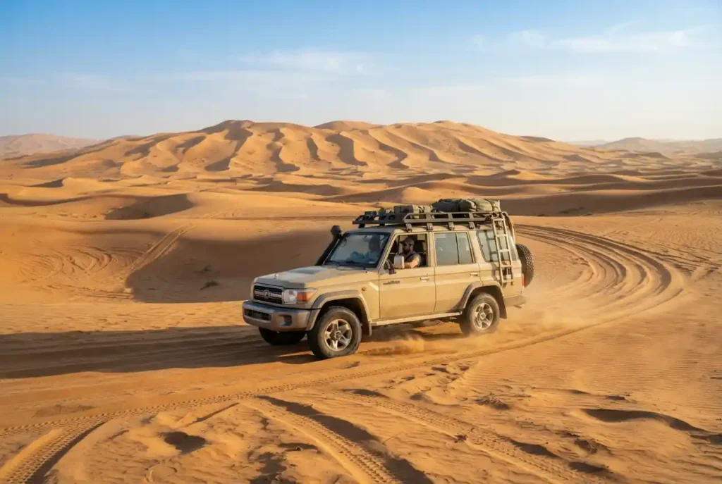 4x4 vehicle dune bashing across golden sand dunes in Dubai desert