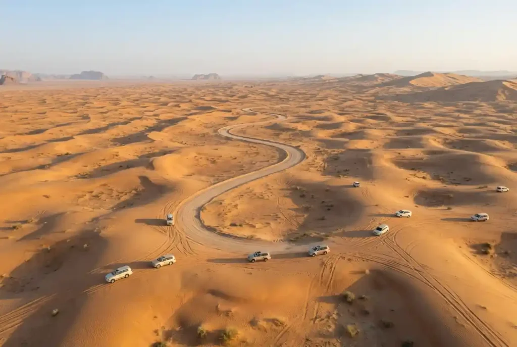 Dubai desert safari location with 4x4 tracks across golden dunes