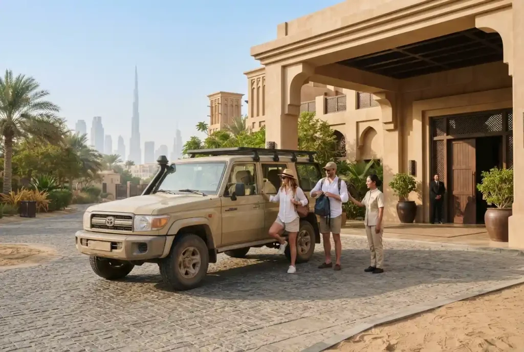 4x4 desert safari vehicle arriving for hotel pickup in Dubai
