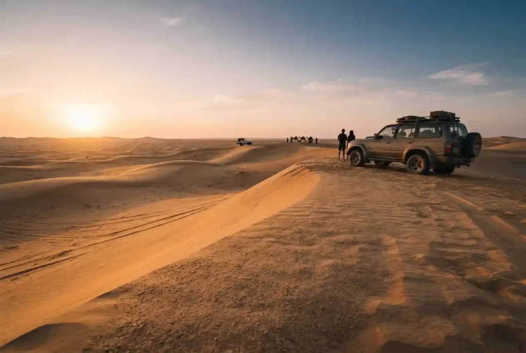 Dubai desert safari during golden hour with a 4x4 vehicle on the dunes