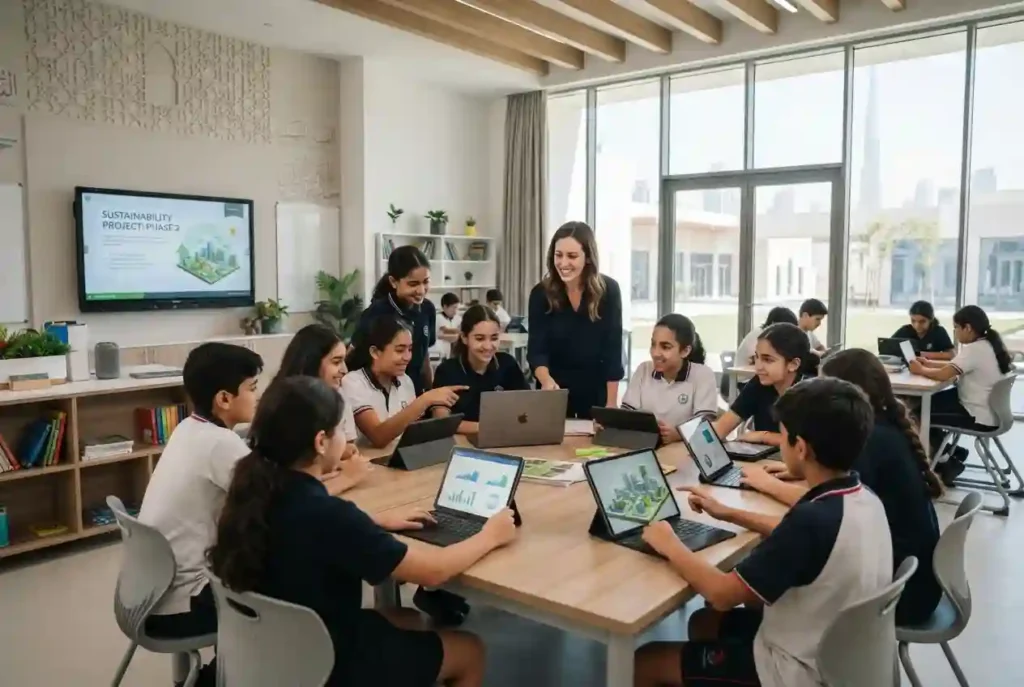 Students using innovative learning technology in a modern UAE classroom