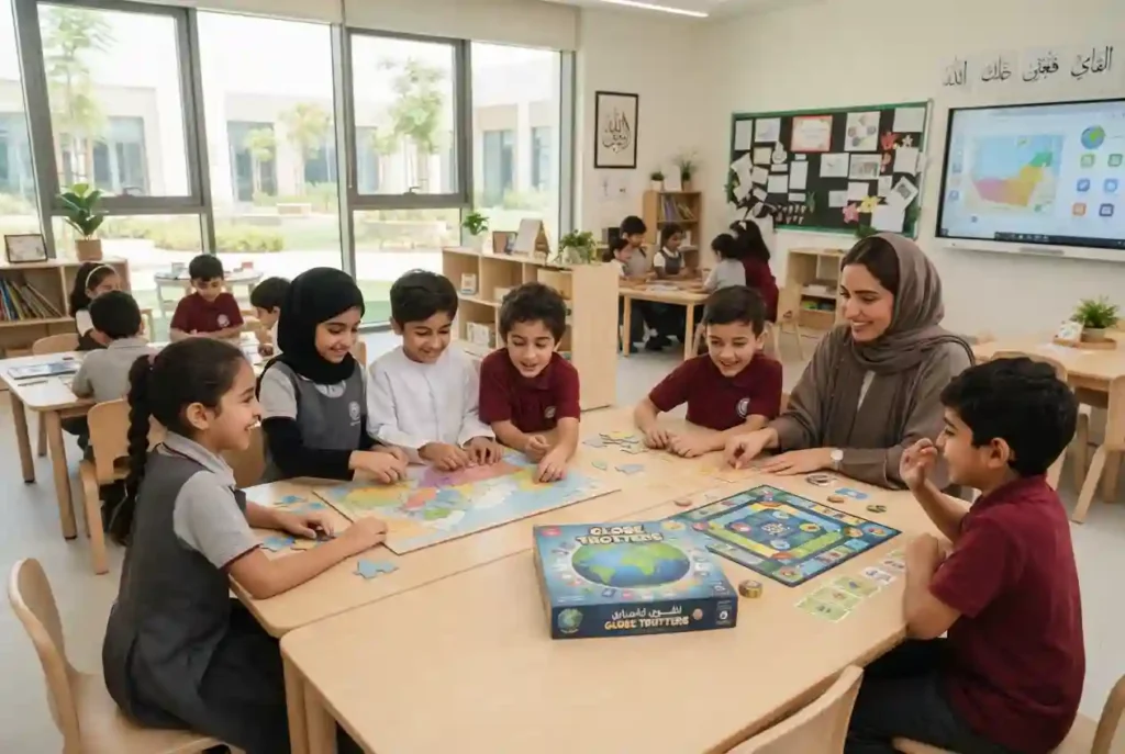 Children playing educational games in a modern UAE classroom