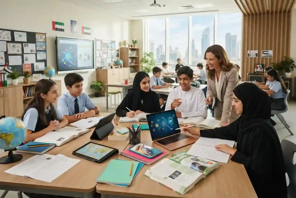 Students and teacher using educational resources in a modern UAE classroom