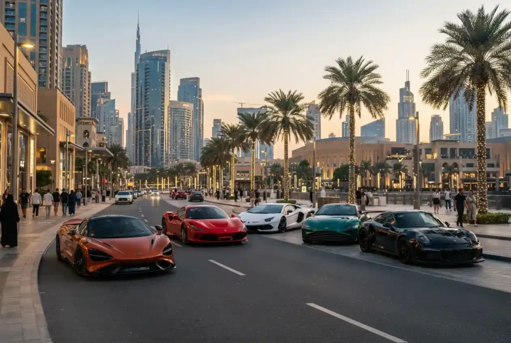 Exotic supercars displayed on a Dubai boulevard