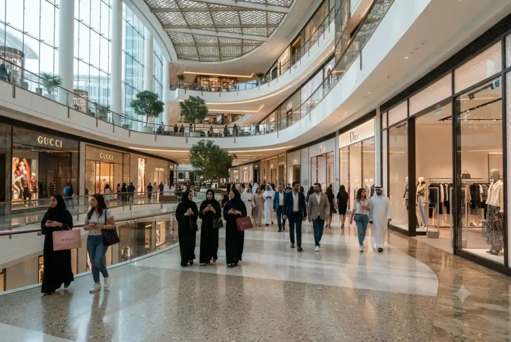 Modern fashion stores inside a shopping mall in the UAE with clothing boutiques and shoppers